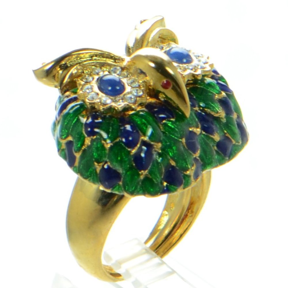 Kenneth Jay Lane KJL 22K-Gold-Plated Enamel & Rhinestone Owl Head Ring
